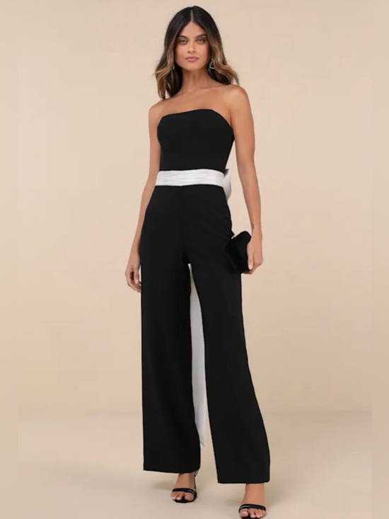 Lulus Pants - Lulus Sleek Perfection Black and White Strapless Bow Jumpsuit S NWT